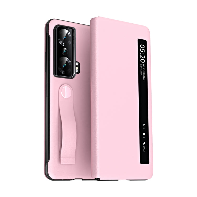 For Honor Magic Vs Side Window View Smart Litchi Pattern Leather Phone Case with Hand Strap(Pink) - Honor Cases by PMC TechLife | Online Shopping South Africa | PMC TechLife | Buy Now Pay Later Mobicred