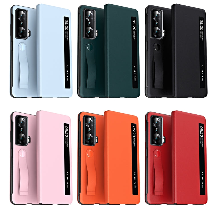 For Honor Magic Vs Side Window View Smart Litchi Pattern Leather Phone Case with Hand Strap(Pink) - Honor Cases by PMC TechLife | Online Shopping South Africa | PMC TechLife | Buy Now Pay Later Mobicred