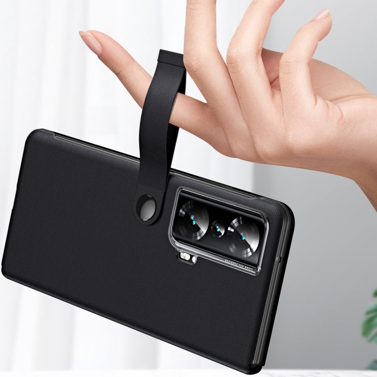 For Honor Magic Vs Side Window View Smart Litchi Pattern Leather Phone Case with Hand Strap(Pink) - Honor Cases by PMC TechLife | Online Shopping South Africa | PMC TechLife | Buy Now Pay Later Mobicred