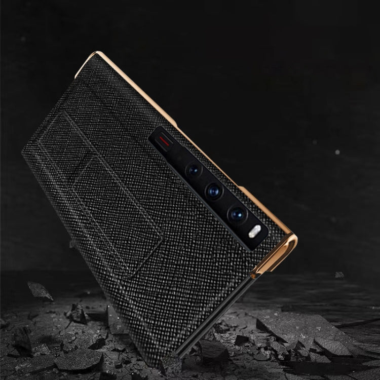 For Huawei Mate Xs 2 Electroplated Cross Pattern Leather All-inclusive Phone Case with Stand(Sapphire Blue Black) - Huawei Cases by PMC TechLife | Online Shopping South Africa | PMC TechLife | Buy Now Pay Later Mobicred