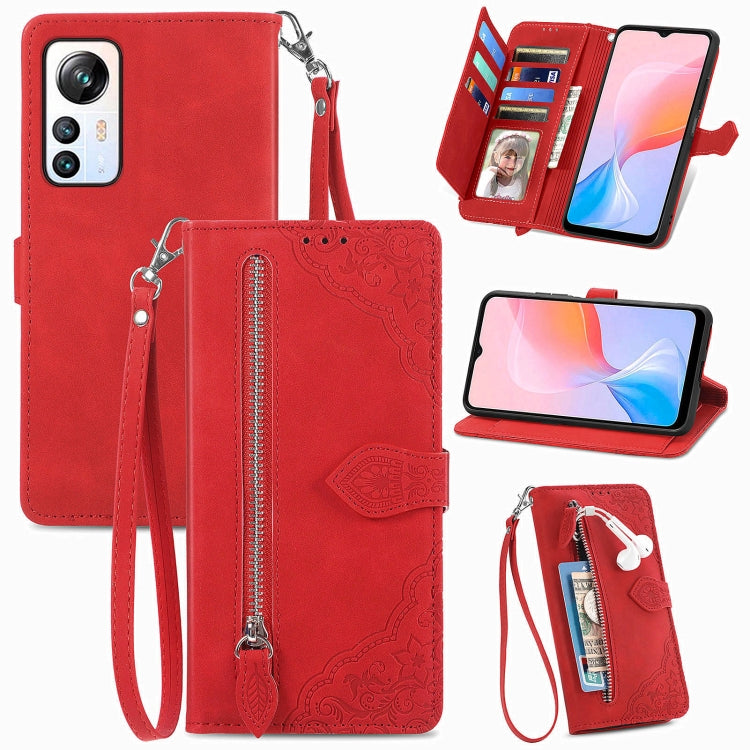 For Blackview A85 Embossed Flower Zipper Leather Phone Case(Red) - More Brand by PMC Jewellery | Online Shopping South Africa | PMC Jewellery | Buy Now Pay Later Mobicred