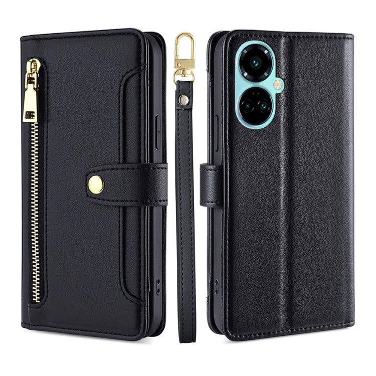 For Tecno Camon 19 / 19 Pro Sheep Texture Cross-body Zipper Wallet Leather Phone Case(Black) - Tecno Cases by PMC TechLife | Online Shopping South Africa | PMC TechLife | Buy Now Pay Later Mobicred