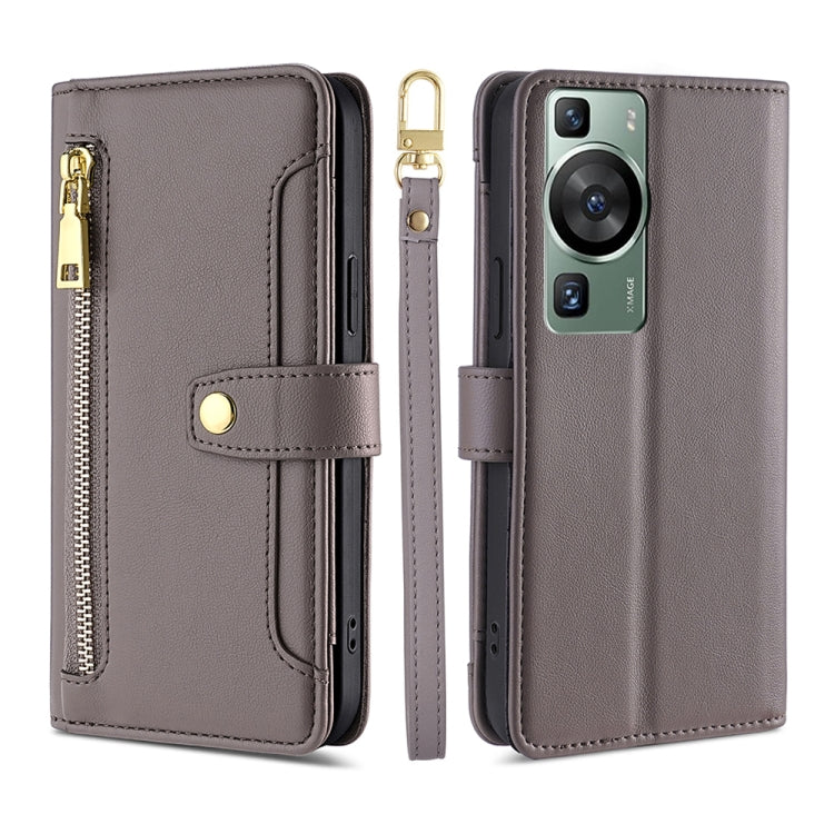 For Huawei P60 / P60 Pro Sheep Texture Cross-body Zipper Wallet Leather Phone Case(Grey) - Huawei Cases by PMC TechLife | Online Shopping South Africa | PMC TechLife | Buy Now Pay Later Mobicred