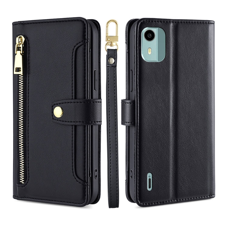 For Nokia C12 Sheep Texture Cross-body Zipper Wallet Leather Phone Case(Black) - Nokia Cases by PMC TechLife | Online Shopping South Africa | PMC TechLife | Buy Now Pay Later Mobicred