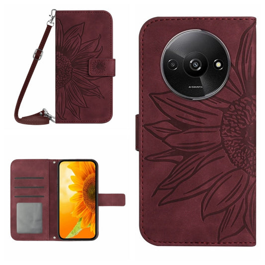 For Xiaomi Redmi A3 Skin Feel Sun Flower Embossed Flip Leather Phone Case with Lanyard(Wine Red) - Xiaomi Cases by PMC Jewellery | Online Shopping South Africa | PMC Jewellery | Buy Now Pay Later Mobicred