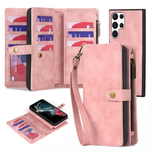 For Samsung Galaxy S22 Ultra 5G Zipper Wallet Detachable MagSafe Leather Phone Case(Pink) - Galaxy S22 Ultra 5G Cases by PMC Jewellery | Online Shopping South Africa | PMC Jewellery