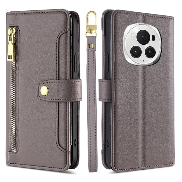 For Honor Magic6 Pro 5G Sheep Texture Cross-body Zipper Wallet Leather Phone Case(Grey) - free shipping - PMC Jewellery - Order now!