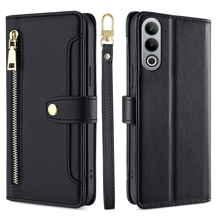 For OnePlus Nord CE4 Sheep Texture Cross-body Zipper Wallet Leather Phone Case(Black) - OnePlus Cases by PMC TechLife | Online Shopping South Africa | PMC TechLife | Buy Now Pay Later Mobicred