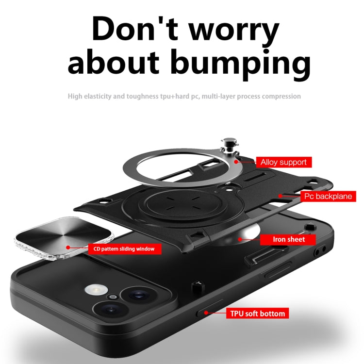 For iPhone 16 CD Texture Sliding Camshield Magnetic Holder Phone Case(Black) - iPhone 16 Cases by PMC TechLife | Online Shopping South Africa | PMC TechLife | Buy Now Pay Later Mobicred