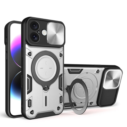 For iPhone 16 CD Texture Sliding Camshield Magnetic Holder Phone Case(Silver) - iPhone 16 Cases by PMC Jewellery | Online Shopping South Africa | PMC Jewellery | Buy Now Pay Later Mobicred