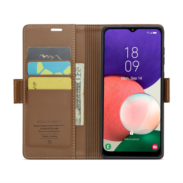 For Samsung Galaxy A22 5G CaseMe 023 Butterfly Buckle Litchi Texture RFID Anti-theft Leather Phone Case(Brown) - Galaxy Phone Cases by CaseMe | Online Shopping South Africa | PMC Jewellery | Buy Now Pay Later Mobicred