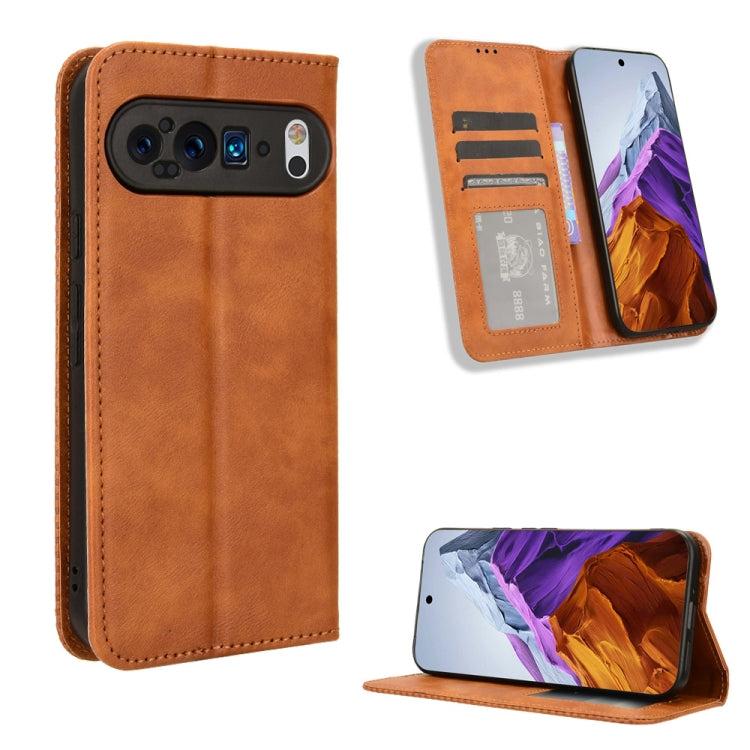 For Google Pixel 9 Magnetic Buckle Retro Texture Leather Phone Case(Brown) - Google Cases by PMC Jewellery | Online Shopping South Africa | PMC Jewellery | Buy Now Pay Later Mobicred