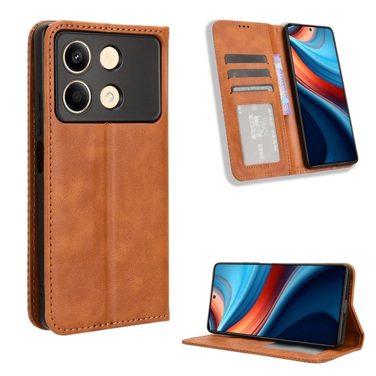 For Xiaomi Redmi Note 13R Pro 5G Magnetic Buckle Retro Texture Leather Phone Case(Brown) - Xiaomi Cases by PMC TechLife | Online Shopping South Africa | PMC TechLife | Buy Now Pay Later Mobicred