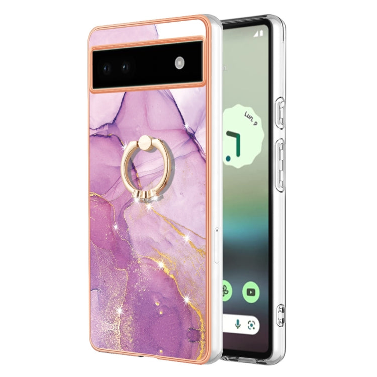 For Google Pixel 6a Electroplating Marble IMD TPU Phone Case with Ring Holder(Purple 001) - Google Cases by PMC TechLife | Online Shopping South Africa | PMC TechLife