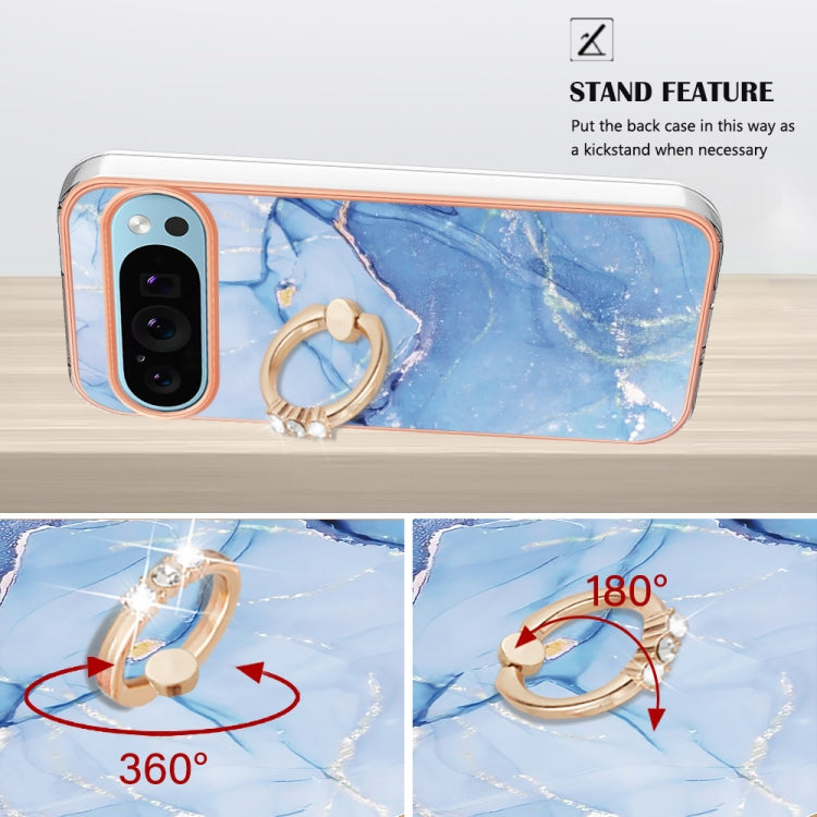 For Google Pixel 9 Pro XL Electroplating Marble Dual-side IMD Phone Case with Ring(Blue 018) - Google Cases by PMC Jewellery | Online Shopping South Africa | PMC Jewellery | Buy Now Pay Later Mobicred