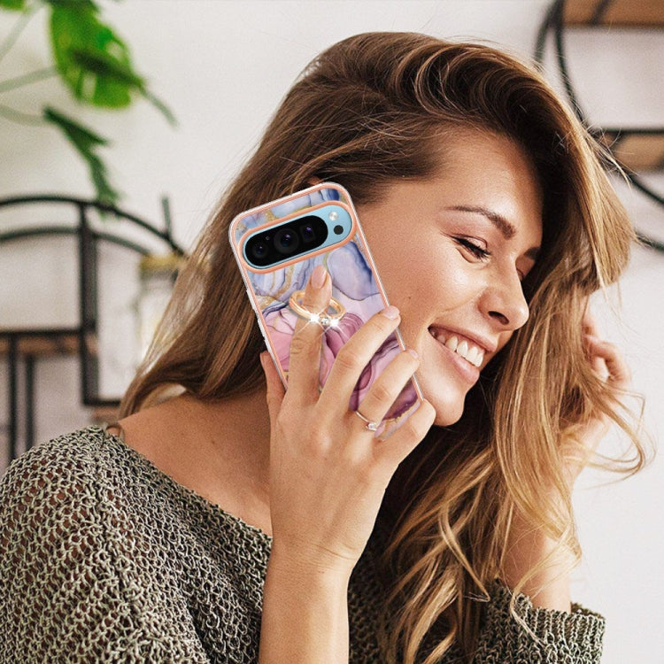 For Google Pixel 9 Pro XL Electroplating Marble Dual-side IMD Phone Case with Ring(Rose Red 014) - Google Cases by PMC TechLife | Online Shopping South Africa | PMC TechLife | Buy Now Pay Later Mobicred