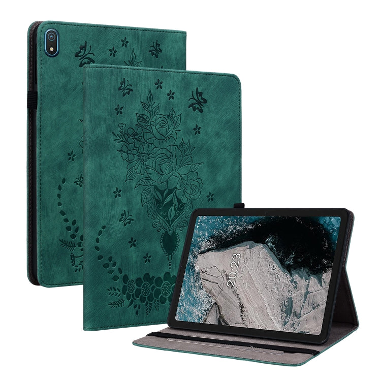 For Nokia T20 10.4 2021 Butterfly Rose Embossed Leather Tablet Case(Green) - Honor Cases by PMC TechLife | Online Shopping South Africa | PMC TechLife | Buy Now Pay Later Mobicred