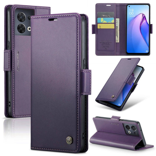 For OPPO Reno8 5G Global CaseMe 023 Butterfly Buckle Litchi Texture RFID Anti-theft Leather Phone Case(Pearly Purple) - OPPO Cases by CaseMe | Online Shopping South Africa | PMC Jewellery | Buy Now Pay Later Mobicred