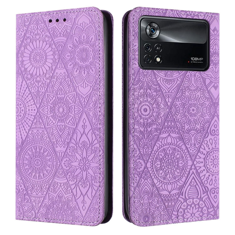 For Xiaomi Poco X4 Pro 5G Ethnic Embossed Adsorption Leather Phone Case(Purple) - Xiaomi Cases by PMC TechLife | Online Shopping South Africa | PMC TechLife | Buy Now Pay Later Mobicred