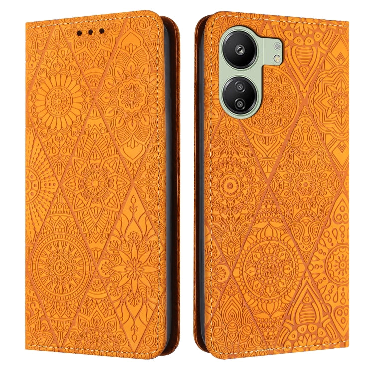 For Xiaomi Redmi 13C Ethnic Embossed Adsorption Leather Phone Case(Yellow) - 13C Cases by PMC TechLife | Online Shopping South Africa | PMC TechLife | Buy Now Pay Later Mobicred