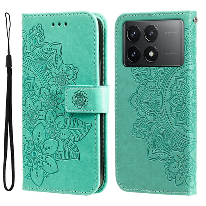 For Xiaomi Redmi K70 / K70 Pro 7-petal Flowers Embossing Leather Phone Case(Green) - K70 Pro Cases by PMC Jewellery | Online Shopping South Africa | PMC Jewellery | Buy Now Pay Later Mobicred