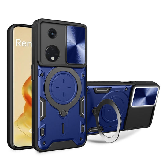 For OPPO Reno8 T 5G CD Texture Sliding Camshield Magnetic Holder Phone Case(Blue) - OPPO Cases by PMC Jewellery | Online Shopping South Africa | PMC Jewellery | Buy Now Pay Later Mobicred