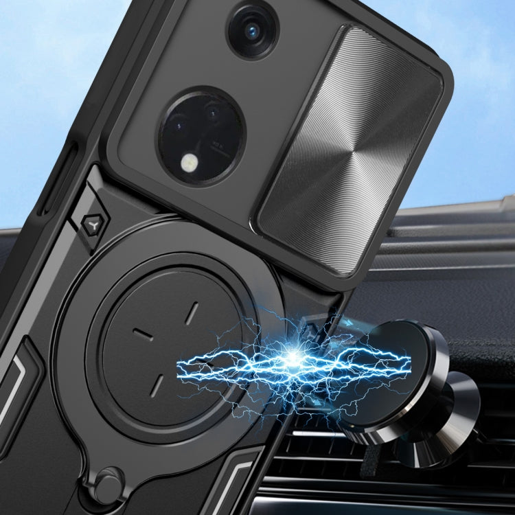 For OPPO Reno8 T 5G CD Texture Sliding Camshield Magnetic Holder Phone Case(Silver) - OPPO Cases by PMC TechLife | Online Shopping South Africa | PMC TechLife | Buy Now Pay Later Mobicred