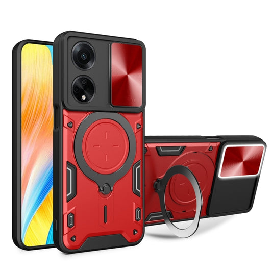 For OPPO F23 5G India / A98 5G / A1 5G CD Texture Sliding Camshield Magnetic Holder Phone Case(Red) - OPPO Cases by PMC Jewellery | Online Shopping South Africa | PMC Jewellery | Buy Now Pay Later Mobicred