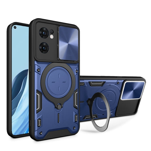 For OPPO Reno7 5G CD Texture Sliding Camshield Magnetic Holder Phone Case(Blue) - OPPO Cases by PMC Jewellery | Online Shopping South Africa | PMC Jewellery | Buy Now Pay Later Mobicred