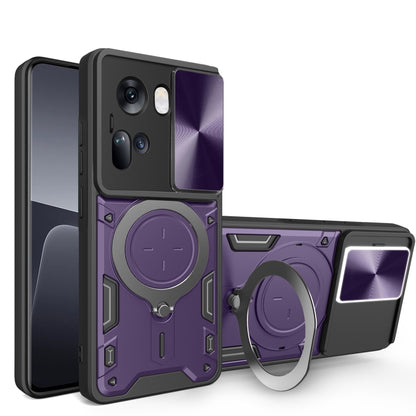 For OPPO Reno11 5G Global CD Texture Sliding Camshield Magnetic Holder Phone Case(Purple) - Reno11 Cases by PMC Jewellery | Online Shopping South Africa | PMC Jewellery | Buy Now Pay Later Mobicred