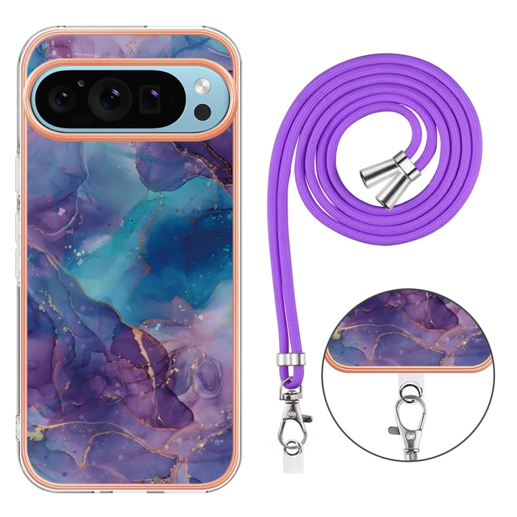 For Google Pixel 9 Pro XL Electroplating Marble Dual-side IMD Phone Case with Lanyard(Purple 016) - Google Cases by PMC TechLife | Online Shopping South Africa | PMC TechLife | Buy Now Pay Later Mobicred