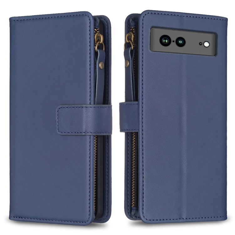 For Google Pixel 7a 9 Card Slots Zipper Wallet Leather Flip Phone Case(Blue) - Google Cases by PMC Jewellery | Online Shopping South Africa | PMC Jewellery | Buy Now Pay Later Mobicred