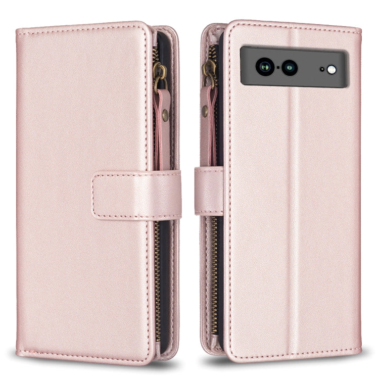 For Google Pixel 7a 9 Card Slots Zipper Wallet Leather Flip Phone Case(Rose Gold) - Google Cases by PMC Jewellery | Online Shopping South Africa | PMC Jewellery | Buy Now Pay Later Mobicred