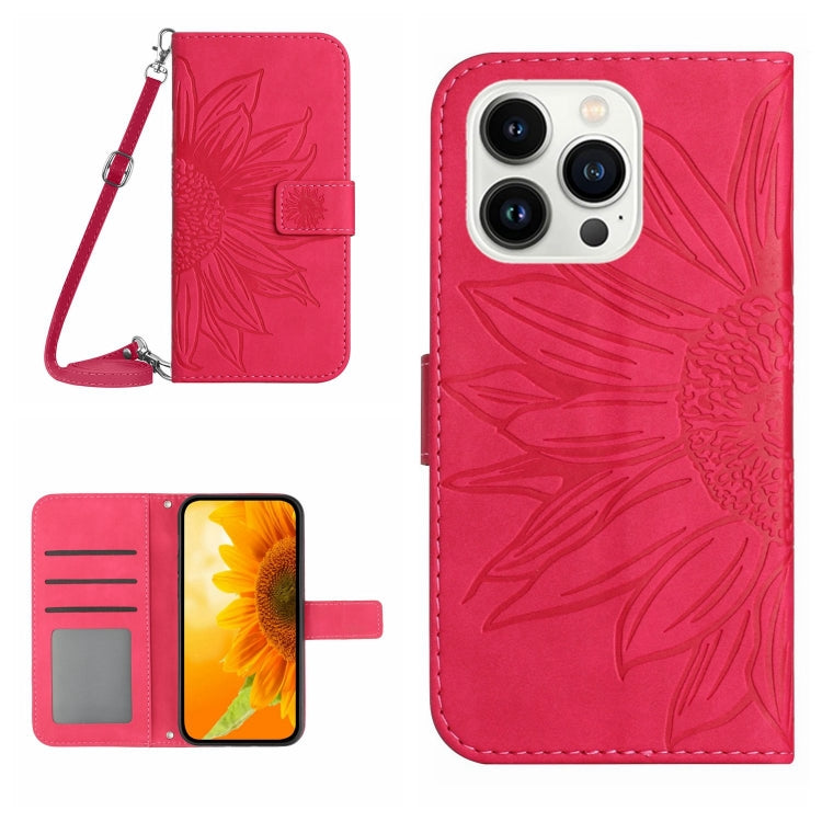 For iPhone 16 Pro Skin Feel Sun Flower Embossed Flip Leather Phone Case with Lanyard(Rose Red) - iPhone 16 Pro Cases by PMC Jewellery | Online Shopping South Africa | PMC Jewellery | Buy Now Pay Later Mobicred