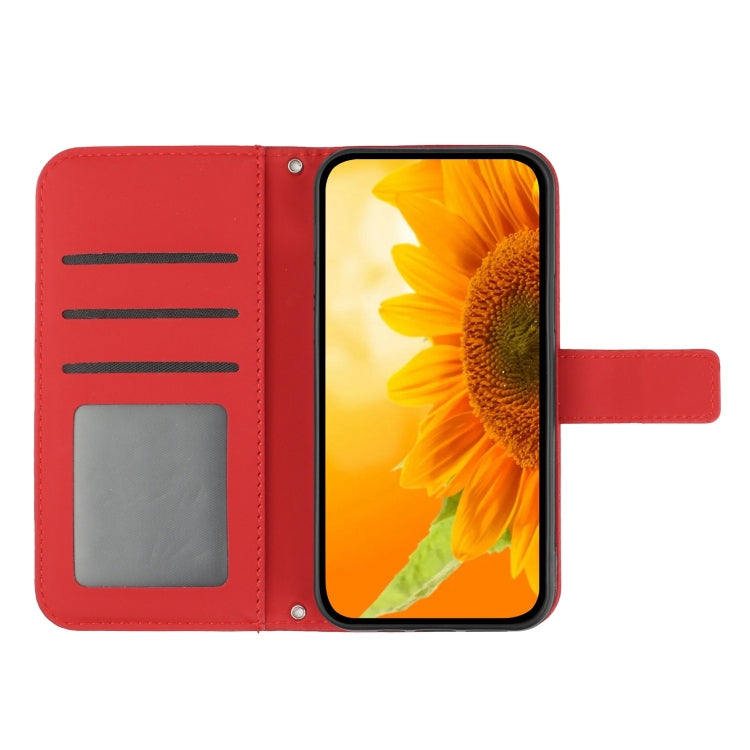 For iPhone 16 Plus Skin Feel Sun Flower Embossed Flip Leather Phone Case with Lanyard(Red) - iPhone 16 Plus Cases by PMC TechLife | Online Shopping South Africa | PMC TechLife | Buy Now Pay Later Mobicred