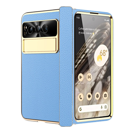 For Google Pixel Fold Litchi Pattern Electroplating Folding Phone Case with Hinge(Blue) - Google Cases by PMC Jewellery | Online Shopping South Africa | PMC Jewellery | Buy Now Pay Later Mobicred