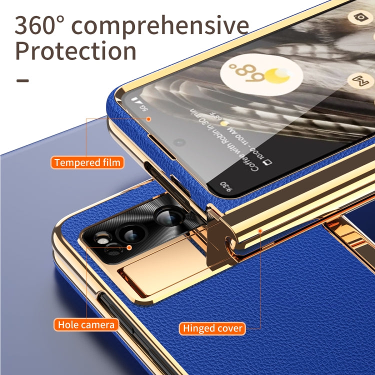 For Google Pixel Fold Litchi Pattern Electroplating Pen Slot Folding Phone Case with Stylus(Royal Blue) - Google Cases by PMC TechLife | Online Shopping South Africa | PMC TechLife | Buy Now Pay Later Mobicred