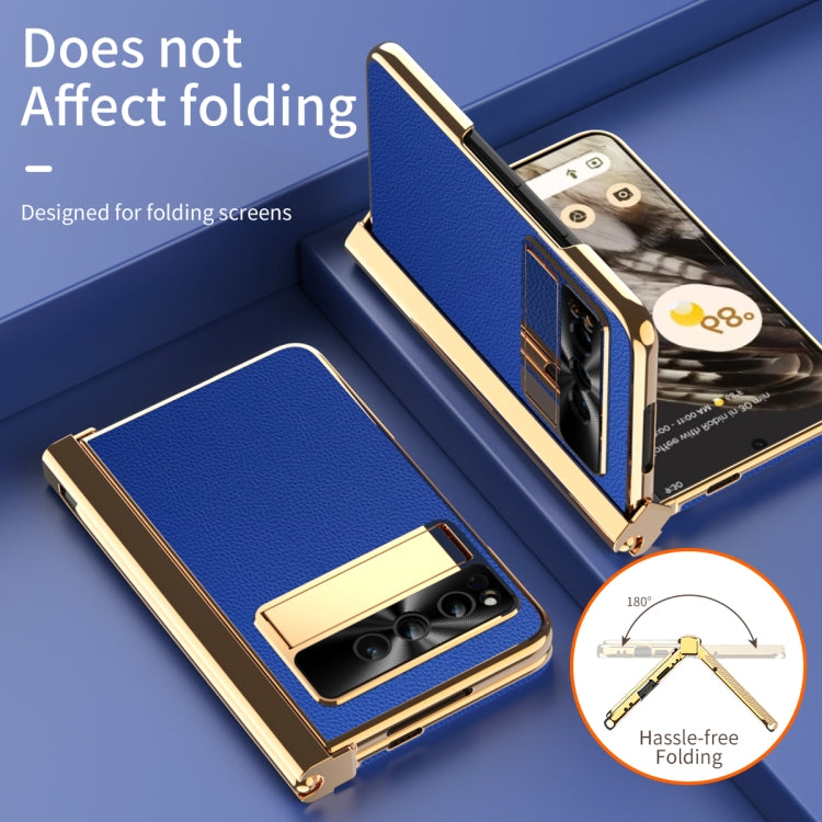 For Google Pixel Fold Litchi Pattern Electroplating Pen Slot Folding Phone Case with Stylus(Royal Blue) - Google Cases by PMC TechLife | Online Shopping South Africa | PMC TechLife | Buy Now Pay Later Mobicred