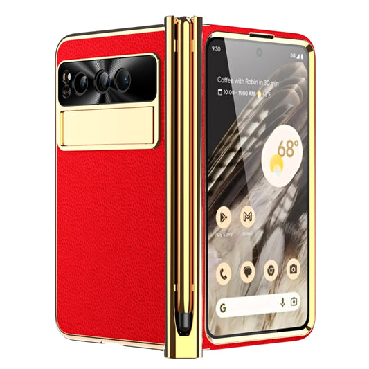 For Google Pixel Fold Litchi Pattern Electroplating Pen Slot Folding Phone Case with Stylus(Red) - Google Cases by PMC Jewellery | Online Shopping South Africa | PMC Jewellery | Buy Now Pay Later Mobicred