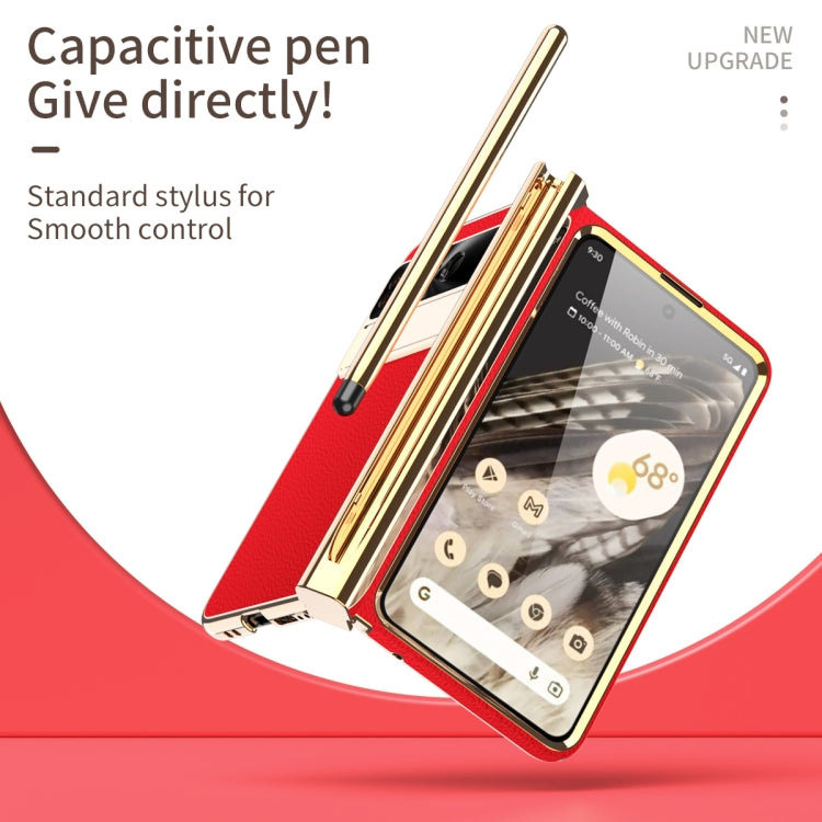 For Google Pixel Fold Litchi Pattern Electroplating Pen Slot Folding Phone Case with Stylus(Red) - Google Cases by PMC TechLife | Online Shopping South Africa | PMC TechLife | Buy Now Pay Later Mobicred