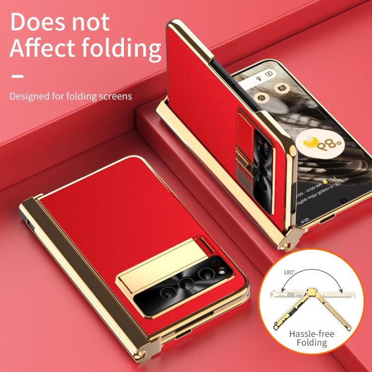 For Google Pixel Fold Litchi Pattern Electroplating Pen Slot Folding Phone Case with Stylus(Red) - Google Cases by PMC TechLife | Online Shopping South Africa | PMC TechLife | Buy Now Pay Later Mobicred