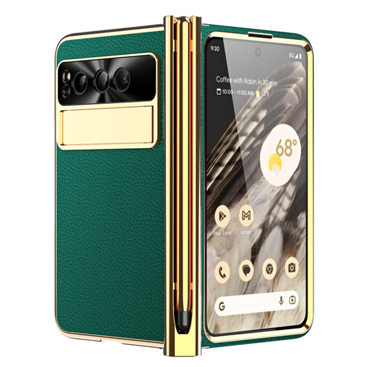 For Google Pixel Fold Litchi Pattern Electroplating Pen Slot Folding Phone Case with Stylus(Green) - Google Cases by PMC Jewellery | Online Shopping South Africa | PMC Jewellery | Buy Now Pay Later Mobicred