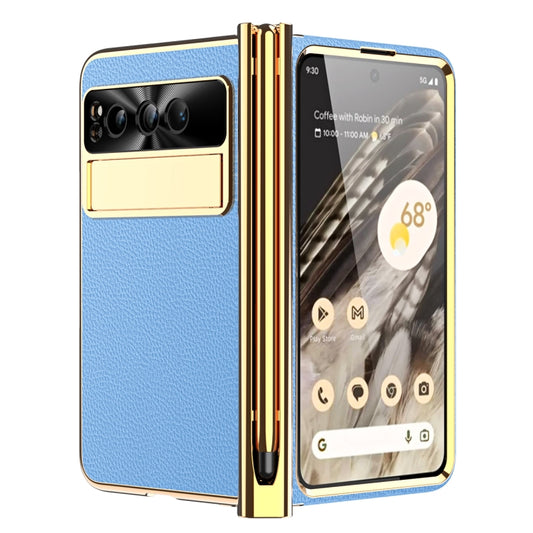 For Google Pixel Fold Litchi Pattern Electroplating Pen Slot Folding Phone Case with Stylus(Blue) - Google Cases by PMC Jewellery | Online Shopping South Africa | PMC Jewellery | Buy Now Pay Later Mobicred