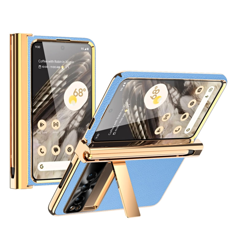 For Google Pixel Fold Litchi Pattern Electroplating Pen Slot Double Hinge Folding Phone Case with Stylus(Blue) - free shipping - PMC TechLife - Order now!