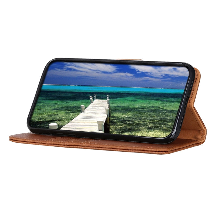 For iPhone 16e KHAZNEH Cowhide Texture Horizontal Flip Leather Phone Case(Brown) - iPhone 16e Cases by PMC TechLife | Online Shopping South Africa | PMC TechLife | Buy Now Pay Later Mobicred