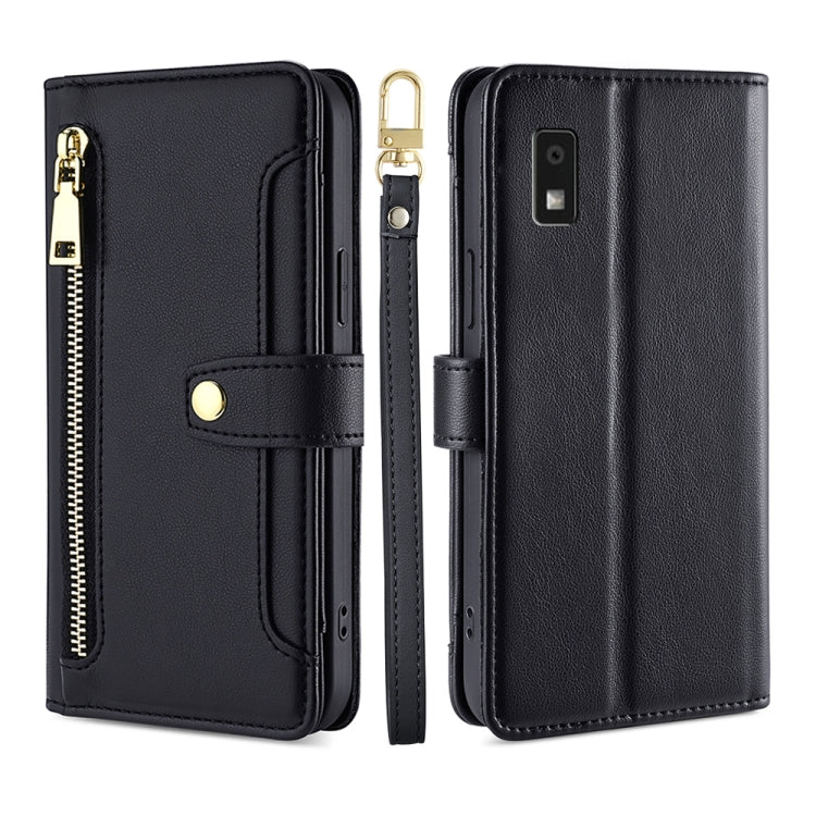 For Sharp Aqous Wish3 Sheep Texture Cross-body Zipper Wallet Leather Phone Case(Black) - More Brand by PMC TechLife | Online Shopping South Africa | PMC TechLife | Buy Now Pay Later Mobicred
