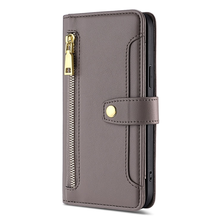For Sharp Aquos sense8 Sheep Texture Cross-body Zipper Wallet Leather Phone Case(Grey) - More Brand by PMC TechLife | Online Shopping South Africa | PMC TechLife | Buy Now Pay Later Mobicred