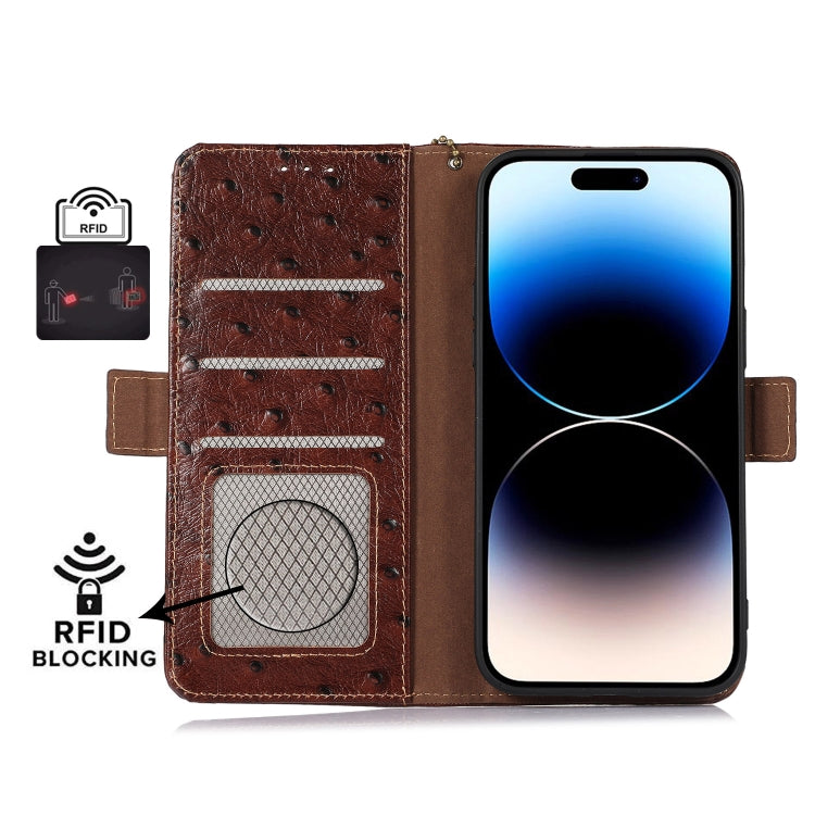 For Motorola Edge 40 Ostrich Pattern Genuine Leather RFID Phone Case(Coffee) - Motorola Cases by PMC TechLife | Online Shopping South Africa | PMC TechLife | Buy Now Pay Later Mobicred