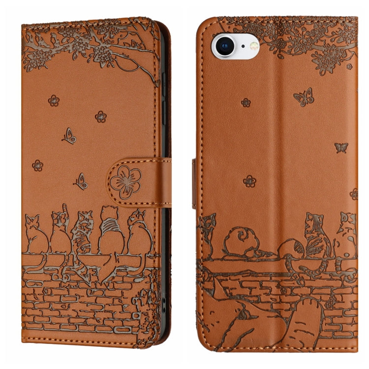 For iPhone 16e Cat Embossing Pattern Leather Phone Case with Lanyard(Brown) - iPhone 16e Cases by PMC TechLife | Online Shopping South Africa | PMC TechLife | Buy Now Pay Later Mobicred
