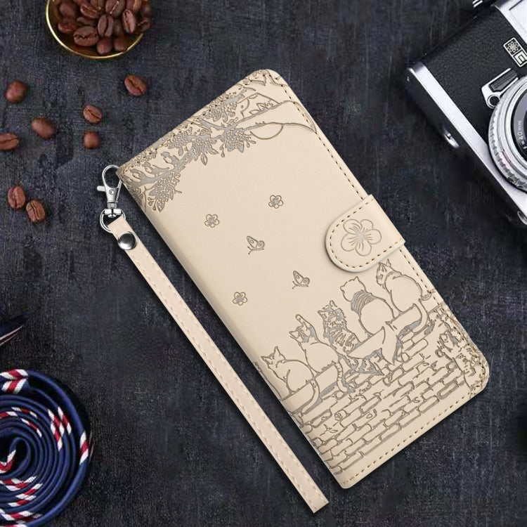 For iPhone 16e Cat Embossing Pattern Leather Phone Case with Lanyard(Beige) - iPhone 16e Cases by PMC TechLife | Online Shopping South Africa | PMC TechLife | Buy Now Pay Later Mobicred